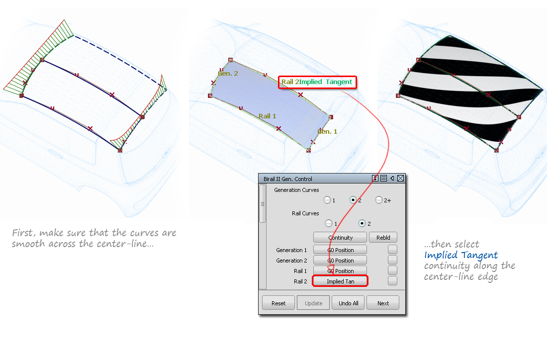 Using the Implied Tangent option in Rail and Square surfaces