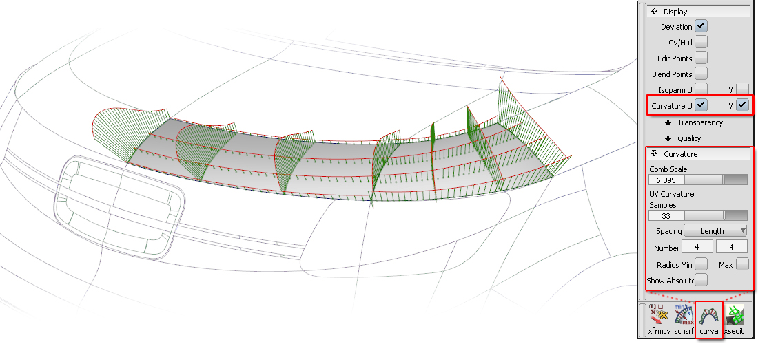 Curvature comb display on isoparms