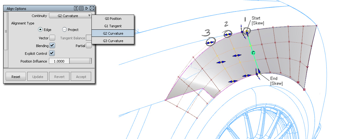 Example of the Align tool used on an automotive wheel arch